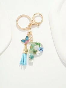 1入組女性可愛的p字母蝴蝶流蘇鑰匙扣與人造花、樹脂和玻璃眼吊墜,可將車鑰匙、手提包裝飾
