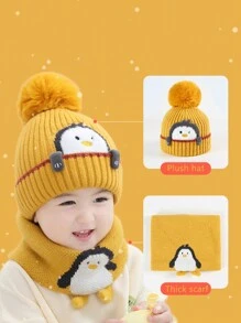 2pcs Little Penguin yellow children's hat scarf set,Baby thick knit hat warm baby knit hat autumn and winter - Multicolor - View 3