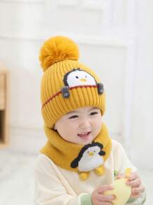 2pcs Little Penguin yellow children's hat scarf set,Baby thick knit hat warm baby knit hat autumn and winter - Multicolor - View 2