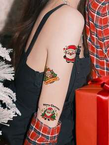 1pc Colorful Waterproof & Sweatproof Santa Claus Pattern Temporary Tattoo Sticker For Cute Girls' Arms And Shoulders - Multicolor - View 2