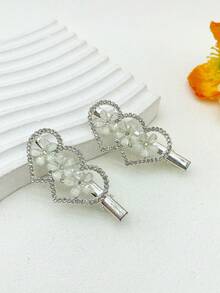 2 Piezas Broche De Pelo De Aleación Decorado Con Diamantes De Imitación En Forma De Corazón Y Flor Pequeña Para Mujeres - Multicolor - Ver 1