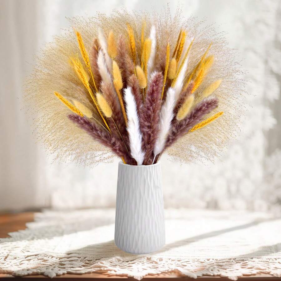 50pcs Pampas Grass Decor, Bohemian Country Style With Rabbit Tail And Reed, Suitable For Wedding, Home Table Decor And Party - Yellow - View 1