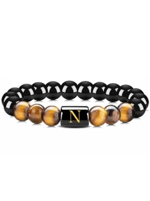 Pulsera Elástica De Piedra De Ojo De Tigre Natural Y Obsidiana Negra, Con Detalle De 26 Letras En Inglés, Joyería De Moda Para Hombres Y Mujeres, 1 Ud.
