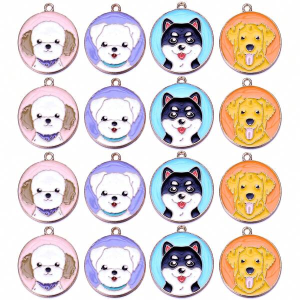16pcs/pack Mixed Design Oil Drip Alloy Pendant For Pet Dogs (poodle, Husky, Golden Retriever), Dog Cartoon Pendant Animal Shaped Pendant 26*24mm