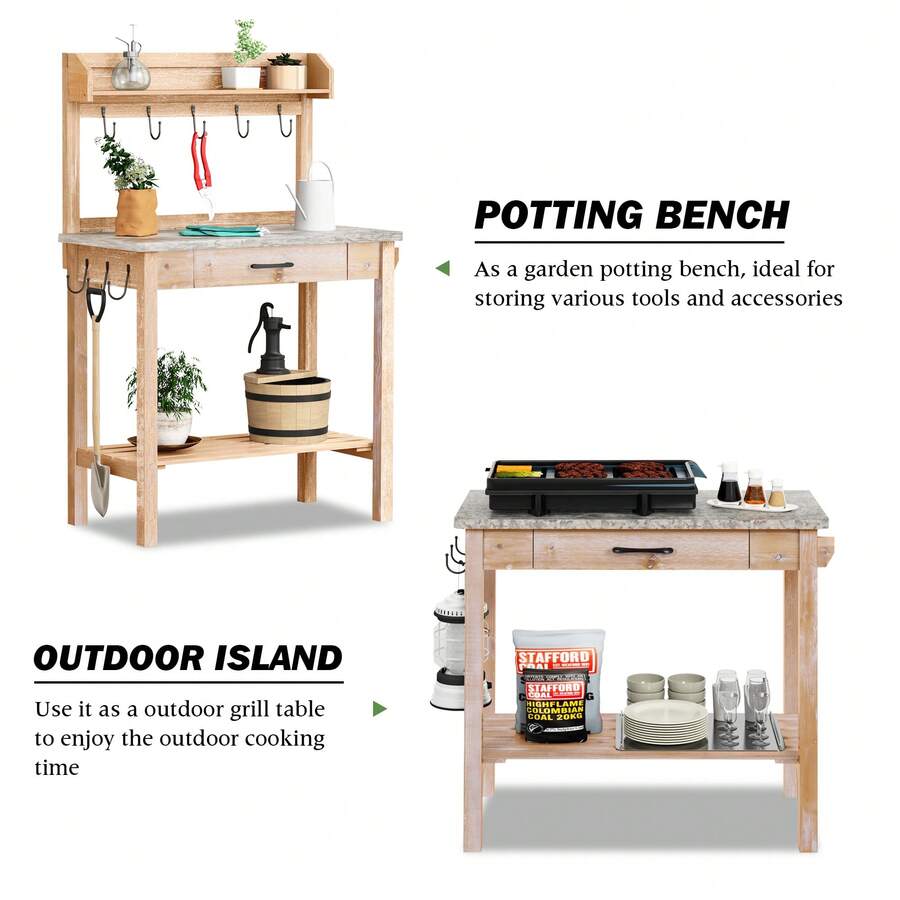 HLR—Outdoor Potting Bench Table with Metal Tabletop, Planting Table ...