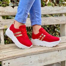TENIS DEPORTIVOS CASUALES MUJER PLATAFORMA ROJO LINEAS DORADAS ZAPATILLAS CON CORDONES PARA DAMA - Rojo - Ver 3