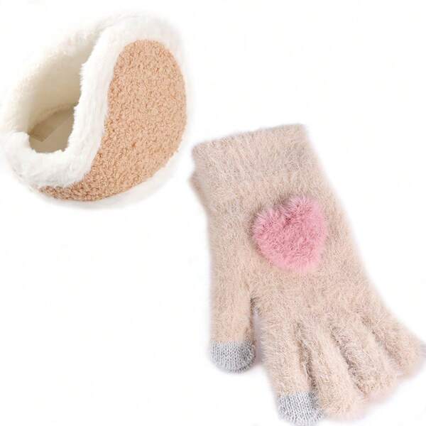 SASA CABOLY Conjunto De Invierno Para Mujer: Orejeras Cálidas Y Guantes De Felpa En Forma De Corazón Adecuados Como Complemento Simple Para Uso Diario