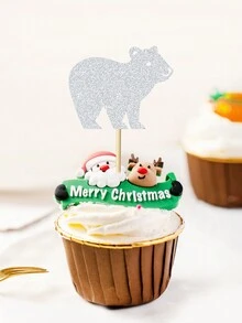 12pcs/24pcs Christmas Woodland Animal Deer, Bear, Fox, Rabbit, Snowflake Paper Cake Toppers, Winter Christmas Animal Theme Baby Birthday Party Cake Decorations