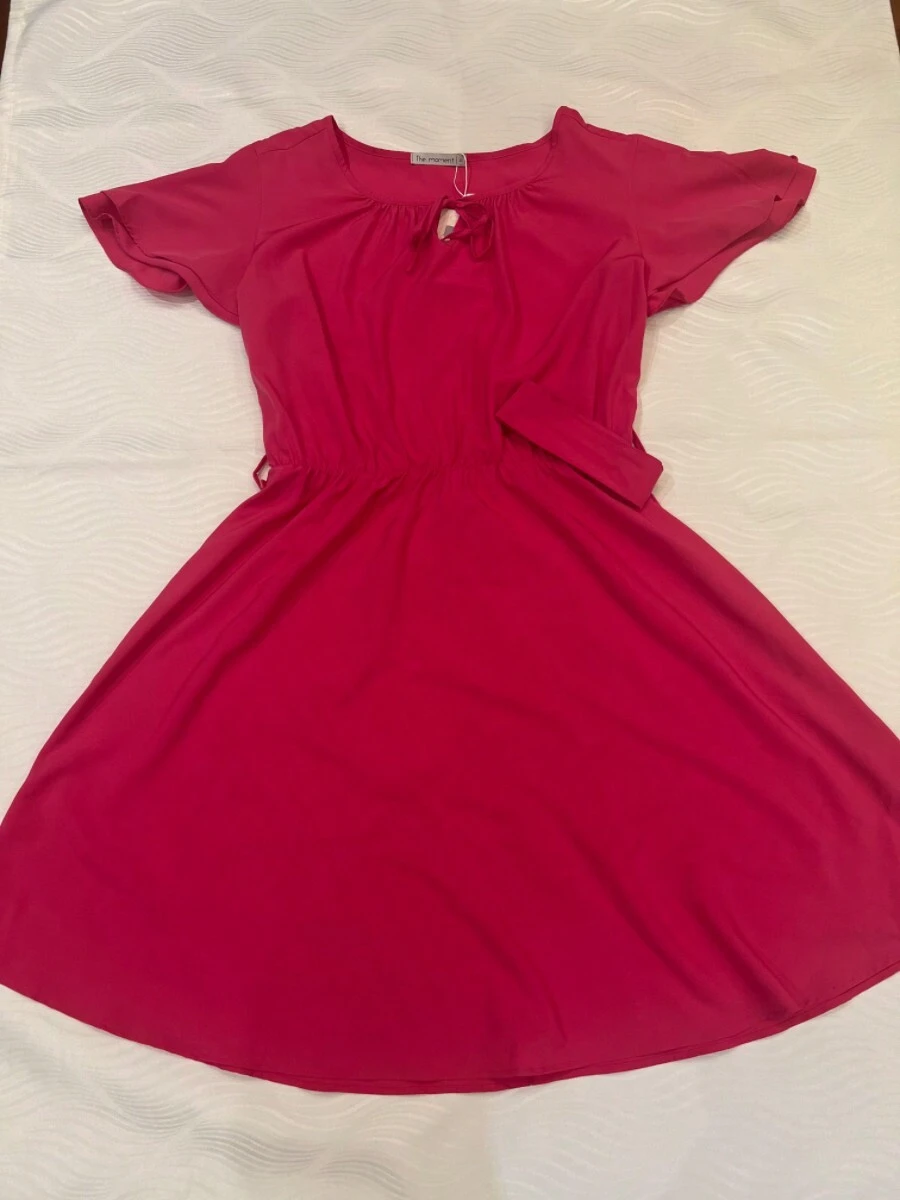 MODA FEMININO/Lançamento Vestido Plus Size Liso e flor/mangas de sino duplo/cintura elástica com cinto de amarração/com amarra frete - Pink - Visão 1