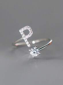 1入組精美優雅立體氧化鋯字母戒指，開口可調式女性女孩紀念基本戒指母親節，聖誕節禮物 - 銀色 - 查看 35