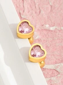 1 Pair Elegant Stainless Steel Cubic Zirconia Heart Stud Earrings, Minimalist & Fashionable, Suitable For Girls, Everyday Wear And Parties - Yellow Gold - View 3