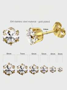 1對的不銹鋼18K金8mm圓形水鑽耳環適合男人及女人日常穿著
