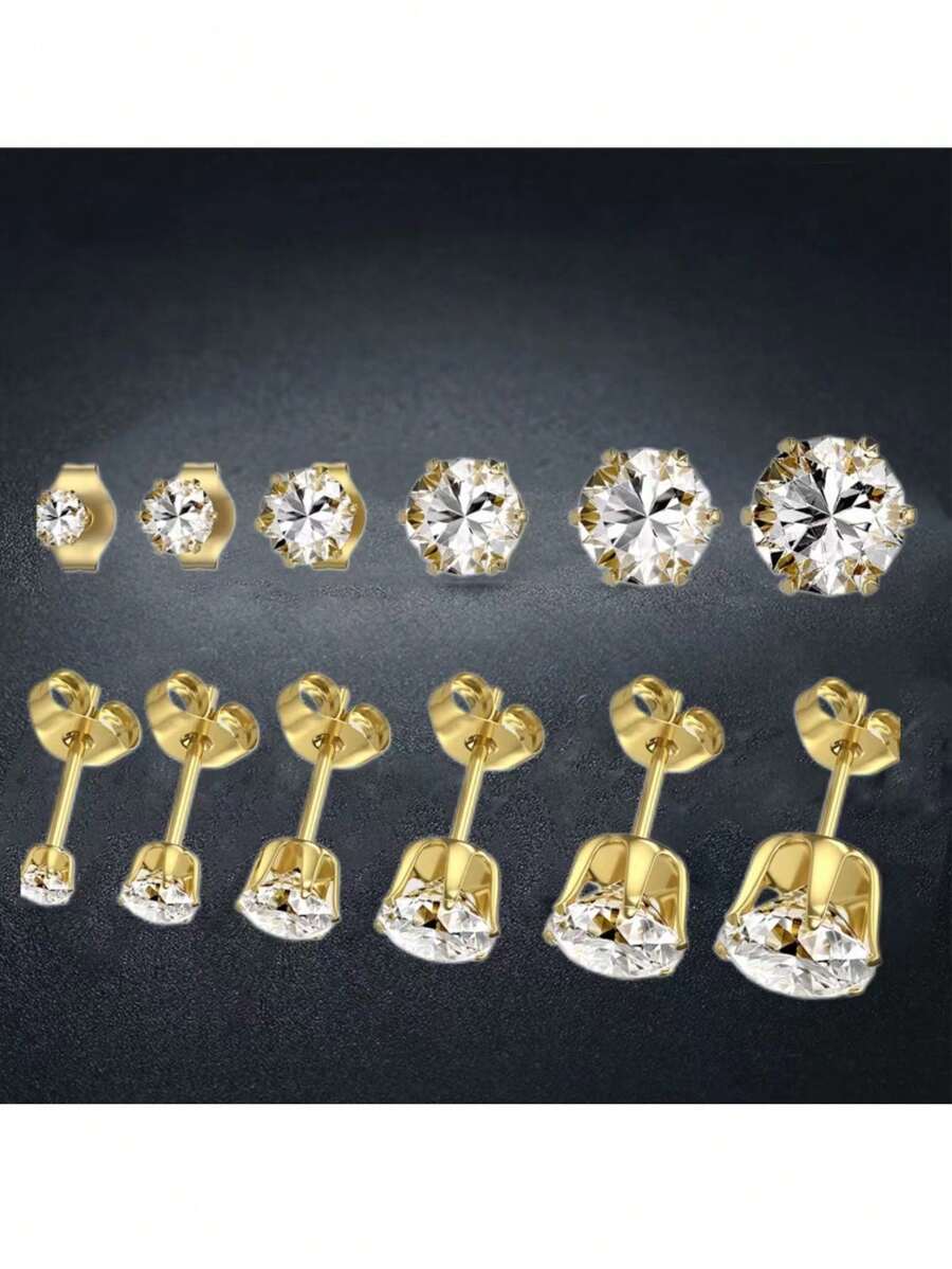 1對的不銹鋼18K金8mm圓形水鑽耳環適合男人及女人日常穿著