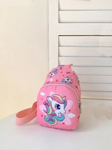 兒童包可愛女孩男孩小腰包,獨角獸精靈拉鍊,幼兒攜帶式外出旅行背包,可調節式兒童錢包 - 粉色 - 查看 1