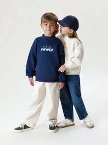 Boys' And Girls' Fashionable Color-block Letter Printed Anti-static Loose Half Turtleneck Fleece Sweatshirt, Autumn/winter