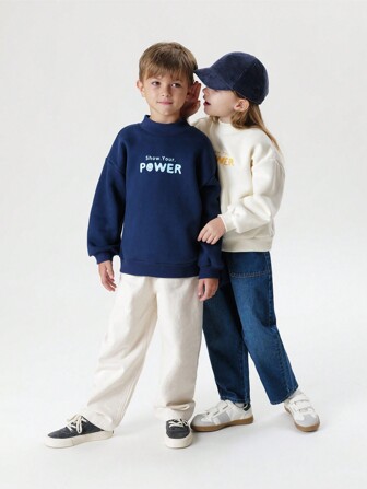 Pojkar Och Tjejer Fashionabel Färgblockad Brev Tryckt Antistatisk Lös Halva Polokrage Fleece Sweatshirts , Höst vinter