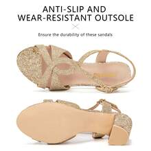 Women's Sexy Open Toe Slingback Glitter Block Chunky Heel Sandals, Fashion Round Toe Sparkly Heels Wedding Party Dress High Heel Pumps - Vàng - Xem 7