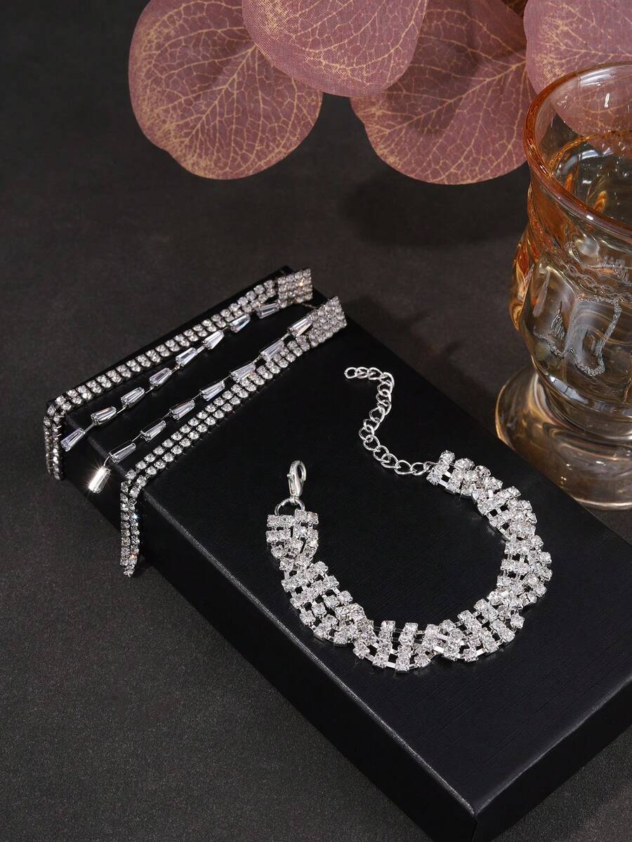 2入組奢華優雅全鑲鑽合金長掛耳環和手鐲套裝,適合日常穿著、派對和舞臺表演 - 銀色 - 查看 1
