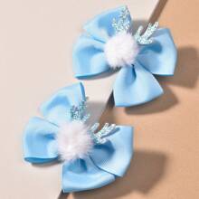2pcs Girl's Blue Ribbon, Antler, Pom Pom, And Bow Knot Hair Clip For Girls Christmas And New Year Holiday Decoration