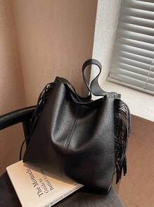 1pc Black Fringe Design High-end & Unique Style Large Capacity Fashion & Minimalist Shoulder Bag - Black - View 5