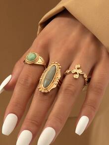 3pcs/Set Personalized Fashionable Vintage Style Rings With Elegant Charisma Design, Perfect For Wedding Gift - Yellow Gold - View 2