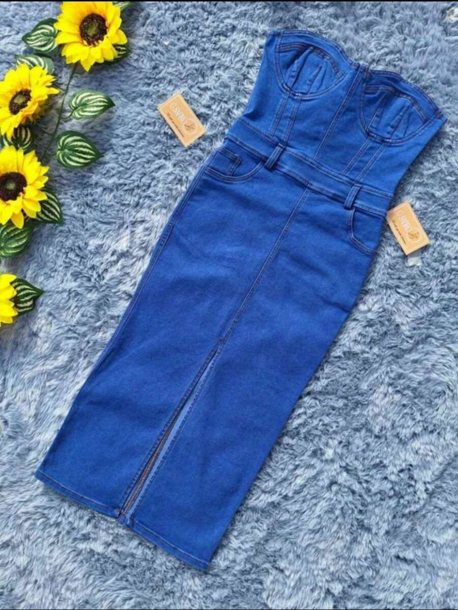 VESTIDO STRAPLESS MEZCLILLA STRECH - Azul lavado medio - Ver 1