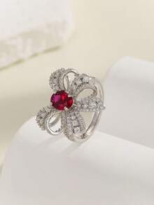 1入組S925純銀鑲嵌橢圓形紅寶石戒指，時尚奢華的蝴蝶設計，搭配完美鑽石，優雅得體，適合婚禮、訂婚、特殊場合、派對，帶有禮品盒