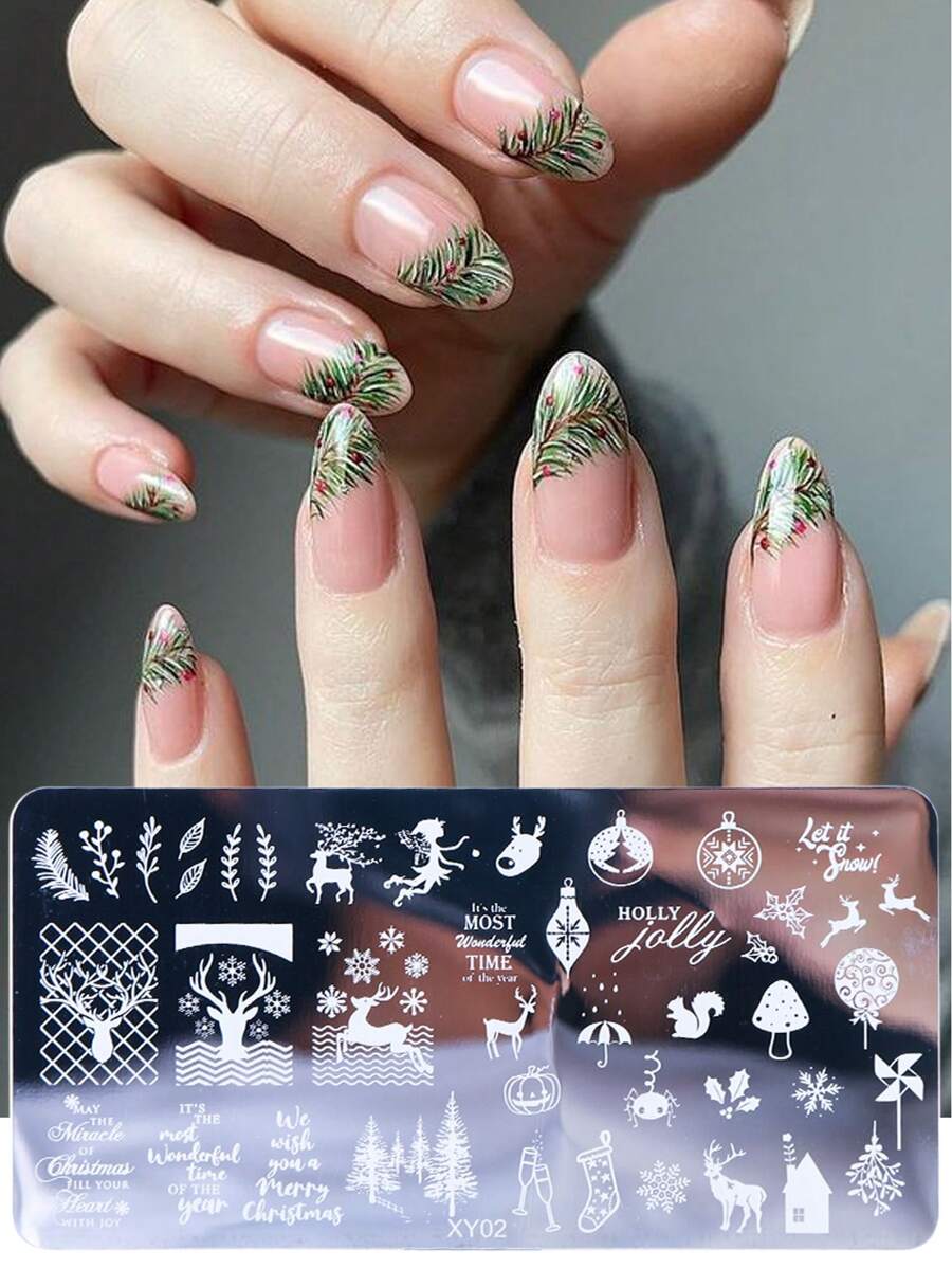 冬季聖誕美甲印花板聖誕麋鹿雪花聖誕樹松鼠字母駝鹿diy美甲印刷模板板模具美甲工具 - 銀色 - 查看 1