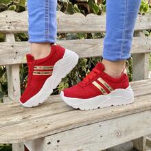 TENIS DEPORTIVOS CASUALES MUJER PLATAFORMA ROJO LINEAS DORADAS ZAPATILLAS CON CORDONES PARA DAMA - Rojo - Ver 4