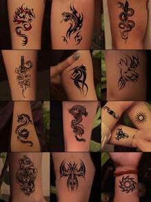 12入組個性化黑白圖騰符號和幾何圖形暫時性防水刺青貼紙,男女皆可使用個性化刺青貼紙,貼在身體的各個部位、手臂和腿上 - 黑色 - 查看 1