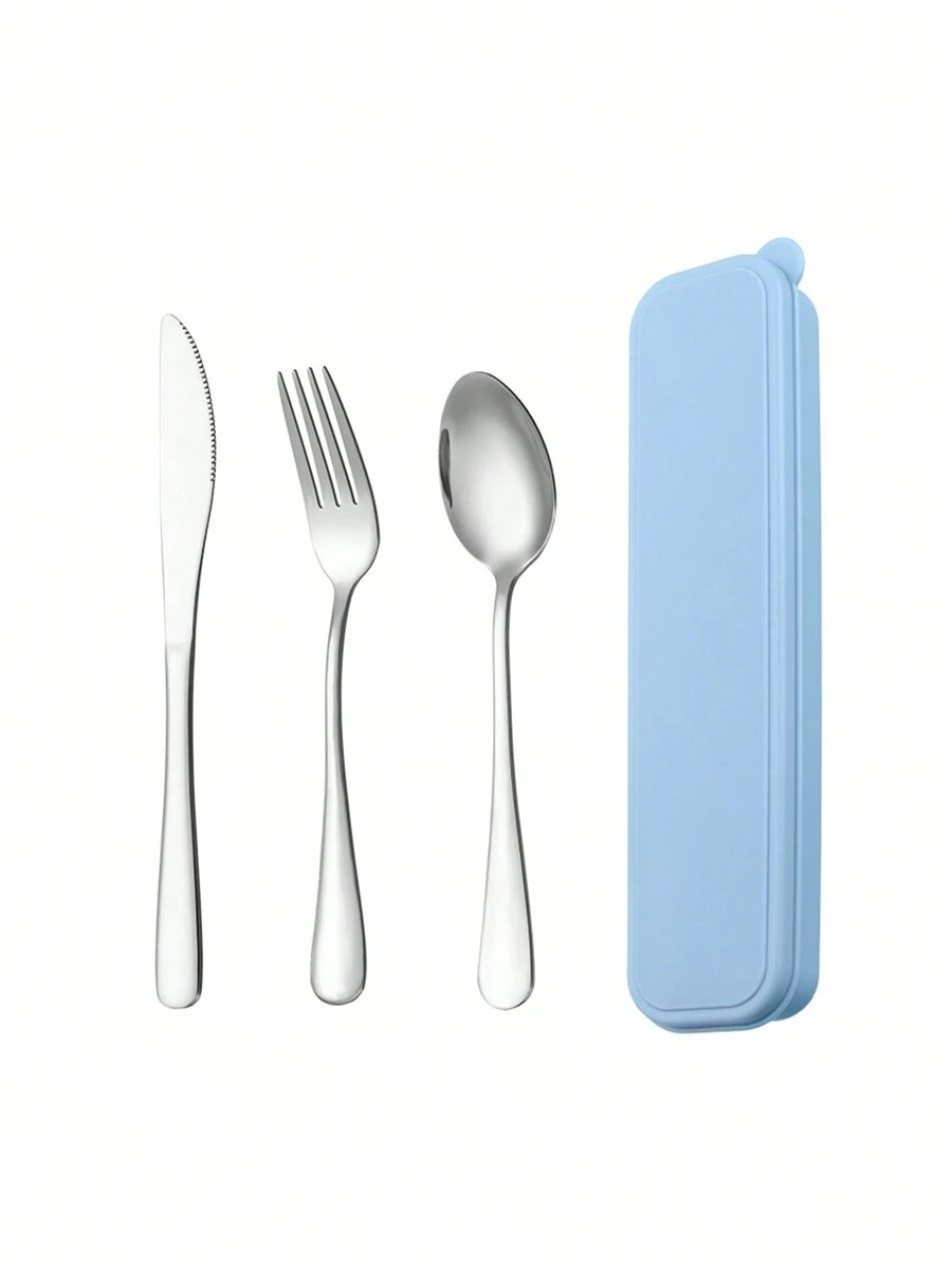 4件套便攜式不銹鋼旅行餐具套裝,包含刀、叉、匙和收納盒,非常適合辦公室、學校、野餐、露營和戶外活動 - 藍色 - 查看 1