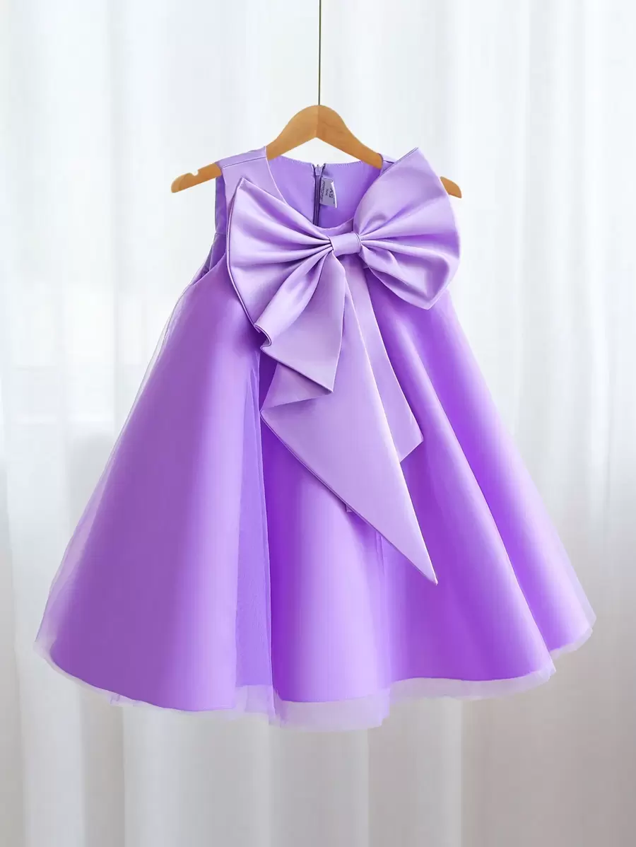 Purple Big Bow Decor Tulle Christmas Party Elegant Dress, Princess Dress, Girls Birthday Party Gift Outfit, Flower Girl Wedding Gown, Holiday Celebration - Purple - View 1