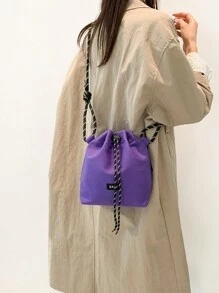 时尚水桶包女士尼龙布包轻便休闲抽绳水桶包粗绳单肩斜挎包 - 紫色 - 查看 3