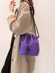 时尚水桶包女士尼龙布包轻便休闲抽绳水桶包粗绳单肩斜挎包 - 紫色 - 查看 8