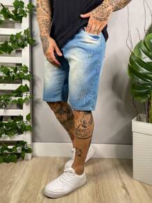 Men Denim Shorts - 深色水洗藍 - 查看 3