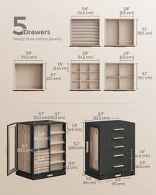 SONGMICS Caja joyero giratoria de 360°, estuche de almacenamiento de joyas con 5 cajones, organizador de joyas, ventana de vidrio, espacioso, almacenamiento vertical de joyas, diseño abierto, gran regalo, blanco nube, negro grafito, verde bosque, gris pizarra, almacenamiento para dormitorio de vuelta al cole
