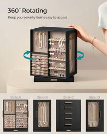 SONGMICS Caja joyero giratoria de 360°, estuche de almacenamiento de joyas con 5 cajones, organizador de joyas, ventana de vidrio, espacioso, almacenamiento vertical de joyas, diseño abierto, gran regalo, blanco nube, negro grafito, verde bosque, gris pizarra, almacenamiento para dormitorio de vuelta al cole