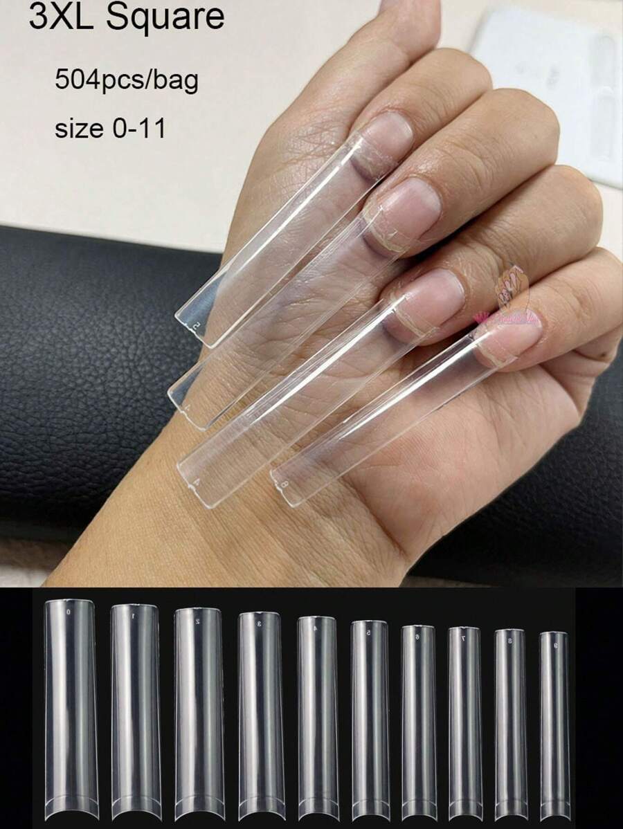 504 piezas Consejos de uñas postizas transparentes ultra largas de medio cubrimiento para camas de uñas 3 veces talla grande largas, suministros de uñas de diseño no curvo y sin diseño cuadrado presionado uñas falsas uña falsa uña acrílica