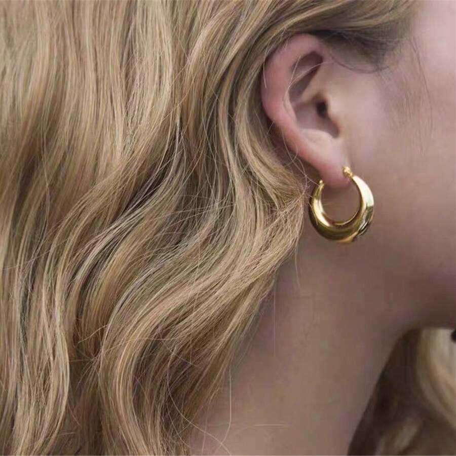 1對簡約設計18k鍍金不鏽鋼厚環耳環 - 金色 - 查看 1