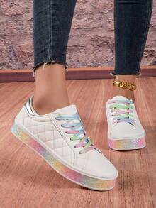 2023新款彩虹粉色女士時尚百搭平底鞋,秋季休閒時尚輕便運動鞋