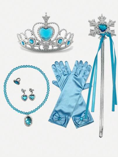 Girl's Snow Princess Party Accessories Set Including Magic Snowflake Wand, Pair Of Gloves, Crown, Necklace, Earrings, Ring