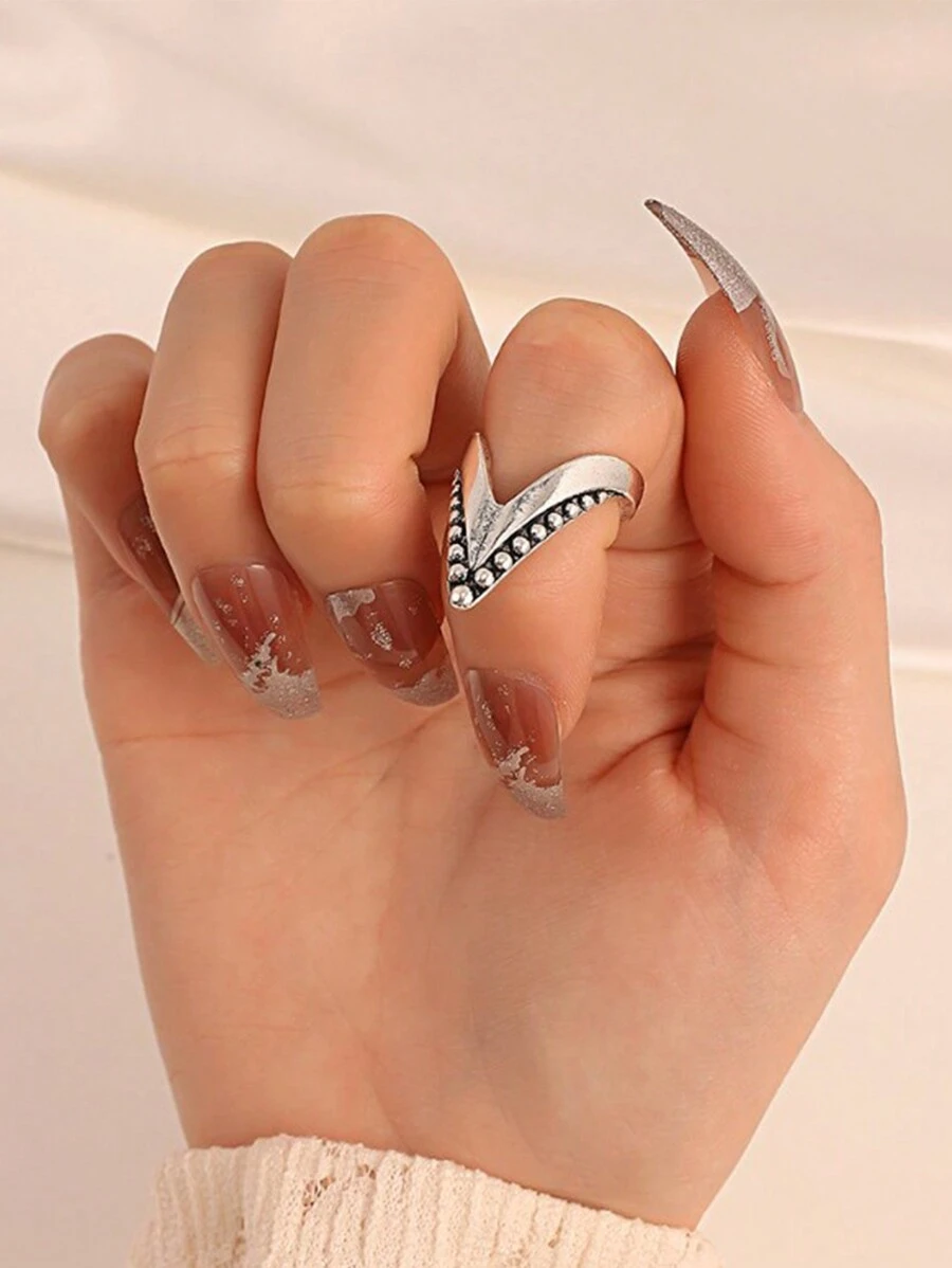 1pc Simple, Stylish And Creative Personalized Metal Nail Ring For Women - Antique Silver - View 1