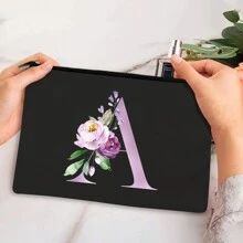 Flower & Letter A 設計女士黑色化妝包,旅行化妝收納袋,拉鍊袋,伴娘手提包,單件派對禮物