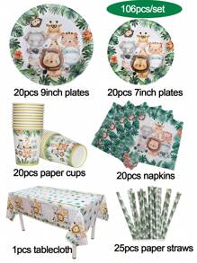 106/61pcs Jungle Animal Theme Tableware Set Palm Leaves Print Paper Plates Cups Straws Tablecloth Napkins Birthday Table Decoration Wild One Forest Safari Birthday Party Supplies