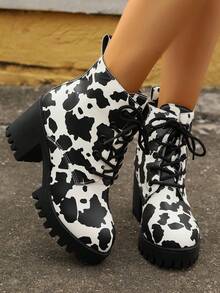 女款新款牛印花靴圓頭高跟厚底粗跟前繫帶休閒時尚適合春秋冬季 - 黑與白 - 查看 6