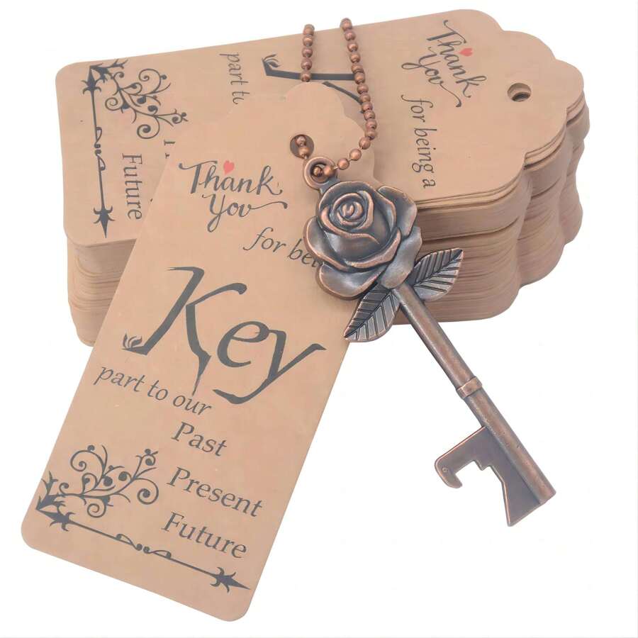 100 Sets Rose Key Bottle Opener Wedding Favors For Guests Bulk Skeleton Keys With Card For Rustic Party Bridal Showers - Bronze - View 1