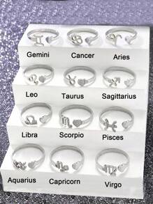 1pc Stainless Steel Silver Twelve Constellations Heart Shaped Adjustable Ring For Teen, Suitable For Daily And Vacation Wear - Silver - View 1