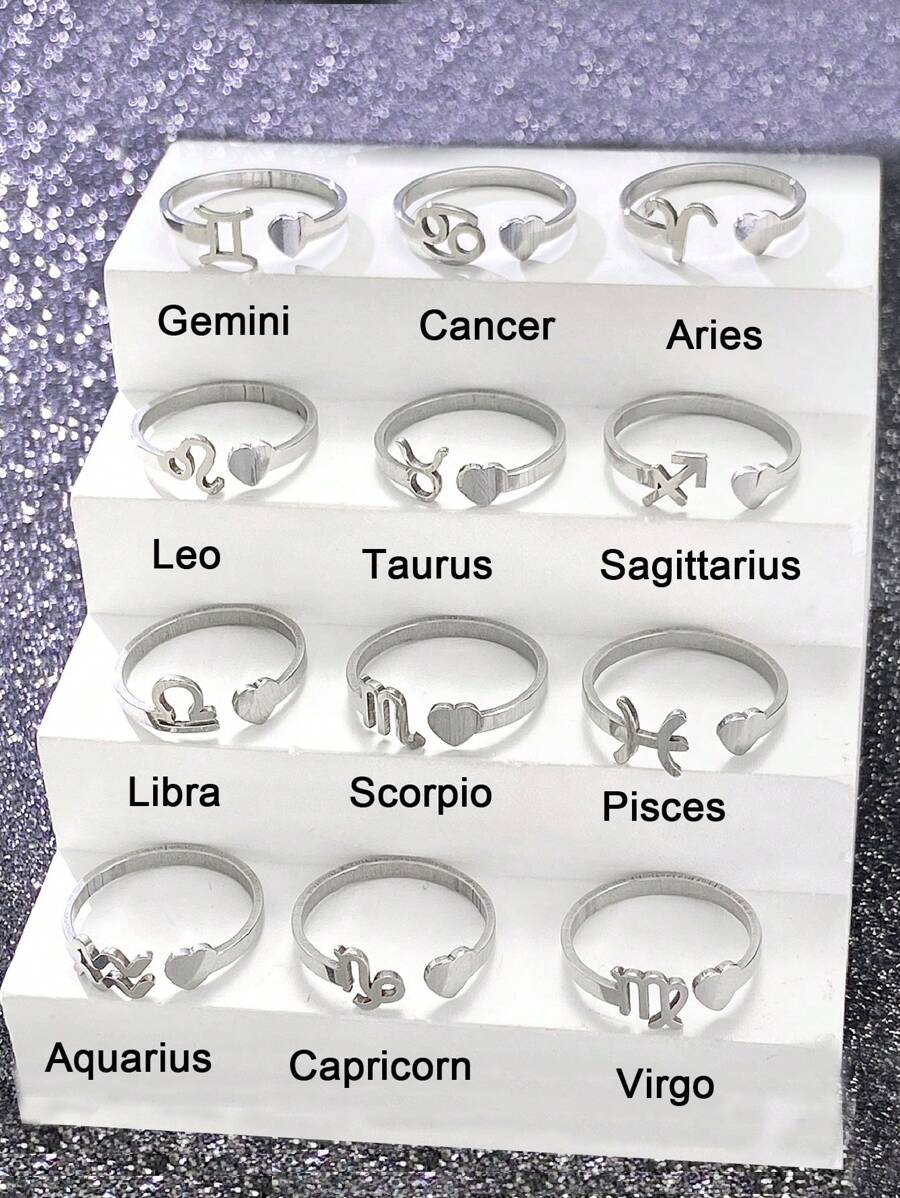 1pc Stainless Steel Silver Twelve Constellations Heart Shaped Adjustable Ring For Teen, Suitable For Daily And Vacation Wear - Silver - View 1