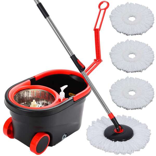Mop and Bucket Set, 360° Spin Mop and Bucket with Wringer Set on Wheels ...
