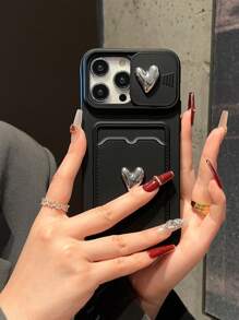 Valentines Y2K Sliding Plating Double Heart Frame Card Slot Phone Case Compatible With IPhone Waterproof Shockproof Anti-Fall Scratch Resistant